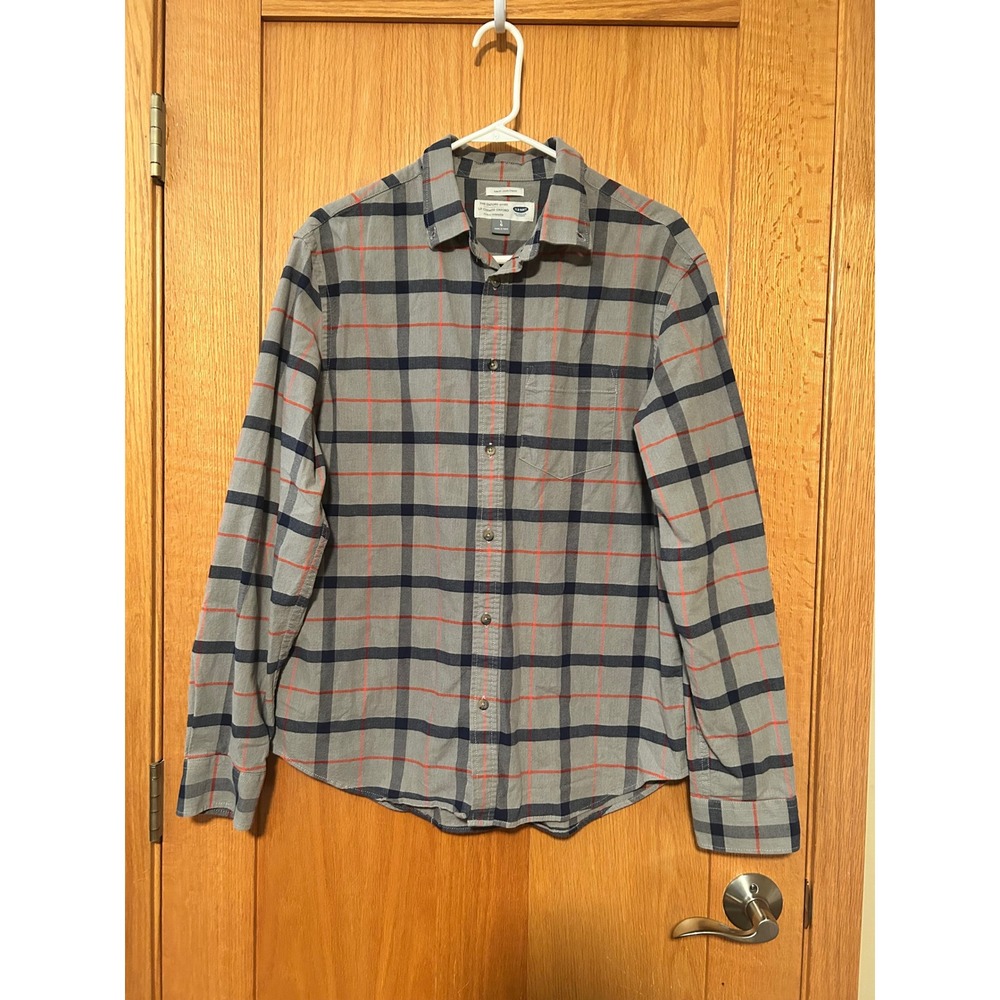 Old Navy Men's Slim Fit Oxford Stretch Plaid Button Down Shirt Gray Navy Large